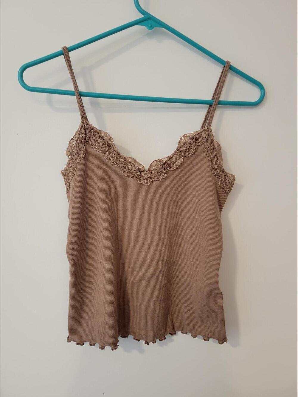Brown Ribbed Lace Trim Cami Tank Top